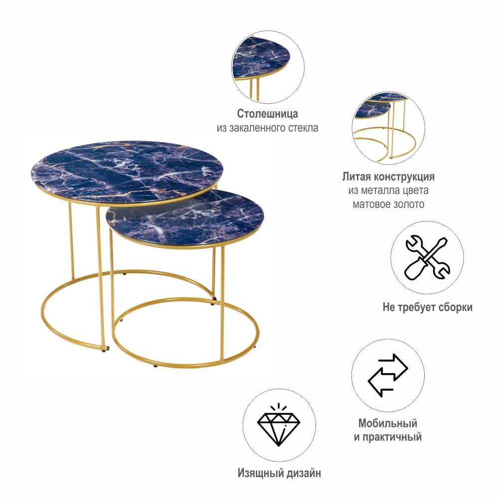 Набор кофейных столиков Tango темно-синий с ножками матовое золото, 2шт - изображение 6