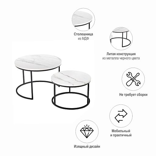 Набор кофейных столиков Tango белый мрамор с чёрными ножками, 2шт - изображение 8