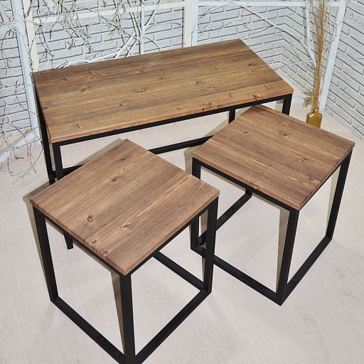Набор кофейных столиков в стиле лофт 80х40х46,6 см-1шт, 35х35х41,6 см- 2шт, МДФ, металл, темное дерево с чёрными ножками, 3шт - изображение 3