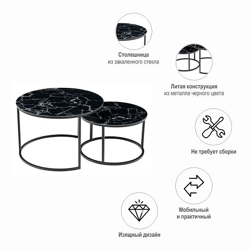 Набор кофейных столиков Tango чёрный мрамор с чёрными ножками, 2шт - изображение 11