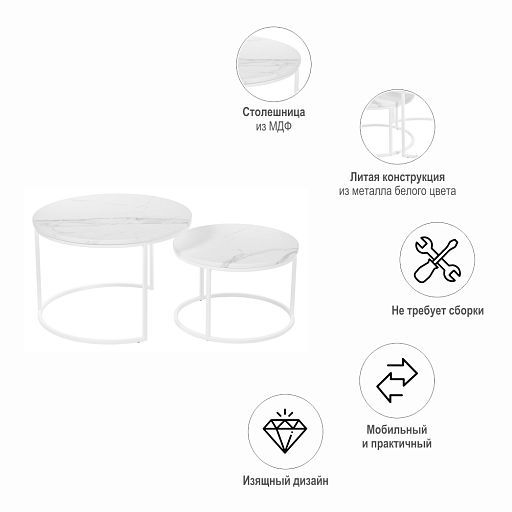 Набор кофейных столиков Tango белый мрамор с белыми ножками, 2шт - изображение 9
