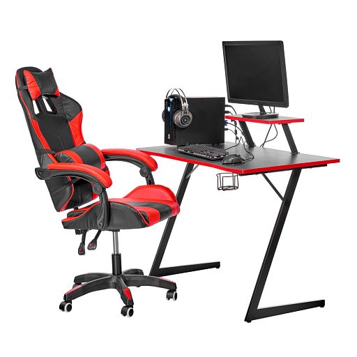 Компьютерный геймерский стол Basic 110х59х75см c полкой для монитора 40х20см, подстаканником, крючком для наушников, карбон чёрный красный - изображение 9